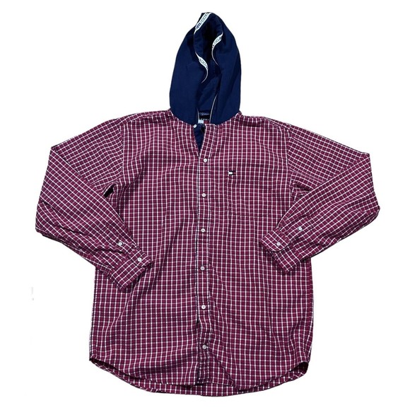 Vintage Tommy Hilfiger Men’s Plaid Button Up Hooded Shirt Spell Out Size XL - Picture 1 of 6